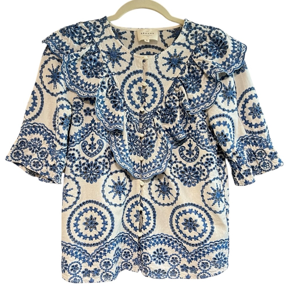 Sezane Blue and White Patterned Blouse